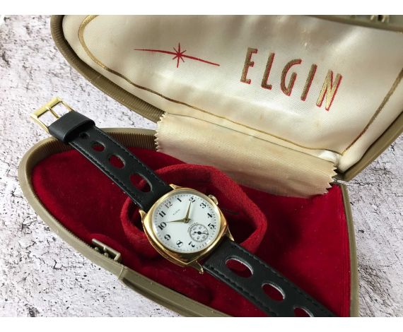 ELGIN Vintage hand winding wristwatch plaqué OR + BOX *** PORCELAIN DIAL ***