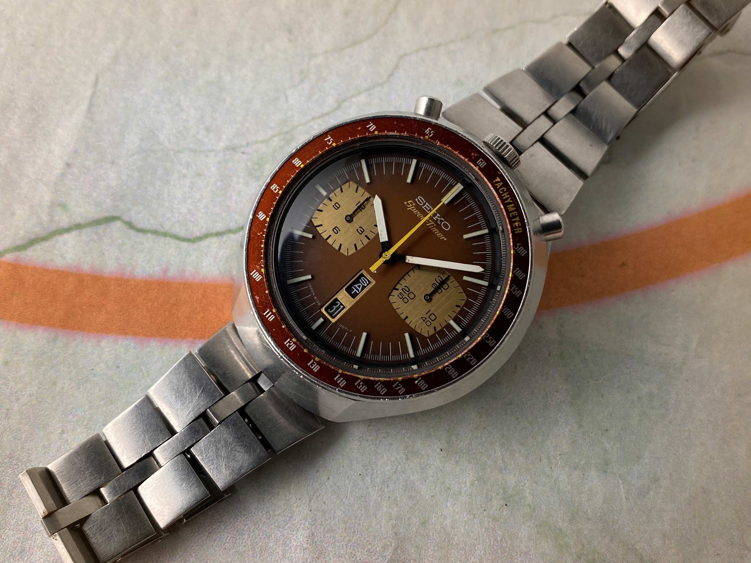 SEIKO SPEEDTIMER BULLHEAD 1976 Vintage automatic chronograph watch Cal 6138  B JAPAN J 6138-0040 *** BROWN *** Seiko Vintage watches - Watches83