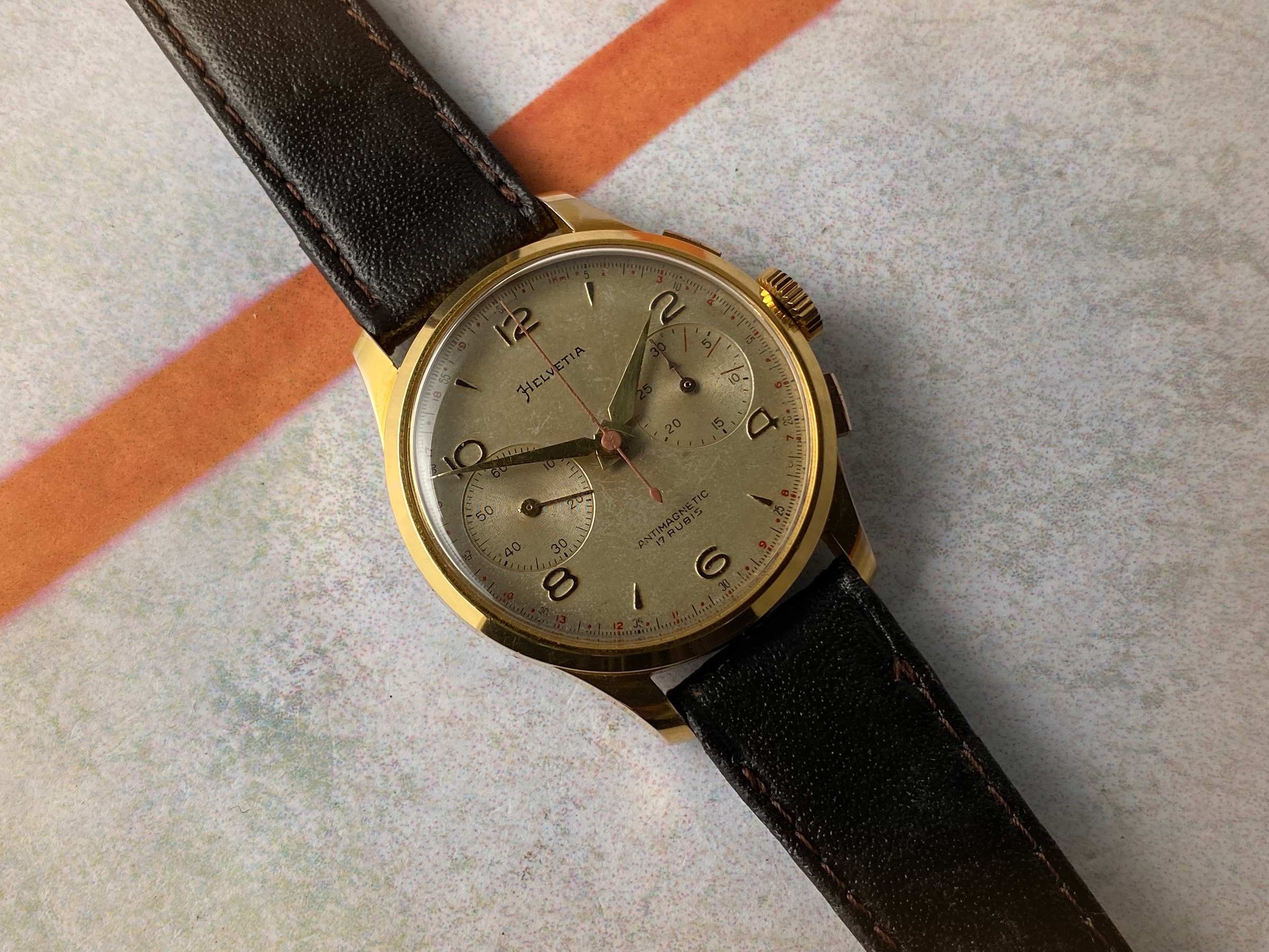 HELVETIA BIG EYES Vintage swiss hand winding chronograph watch Cal ...