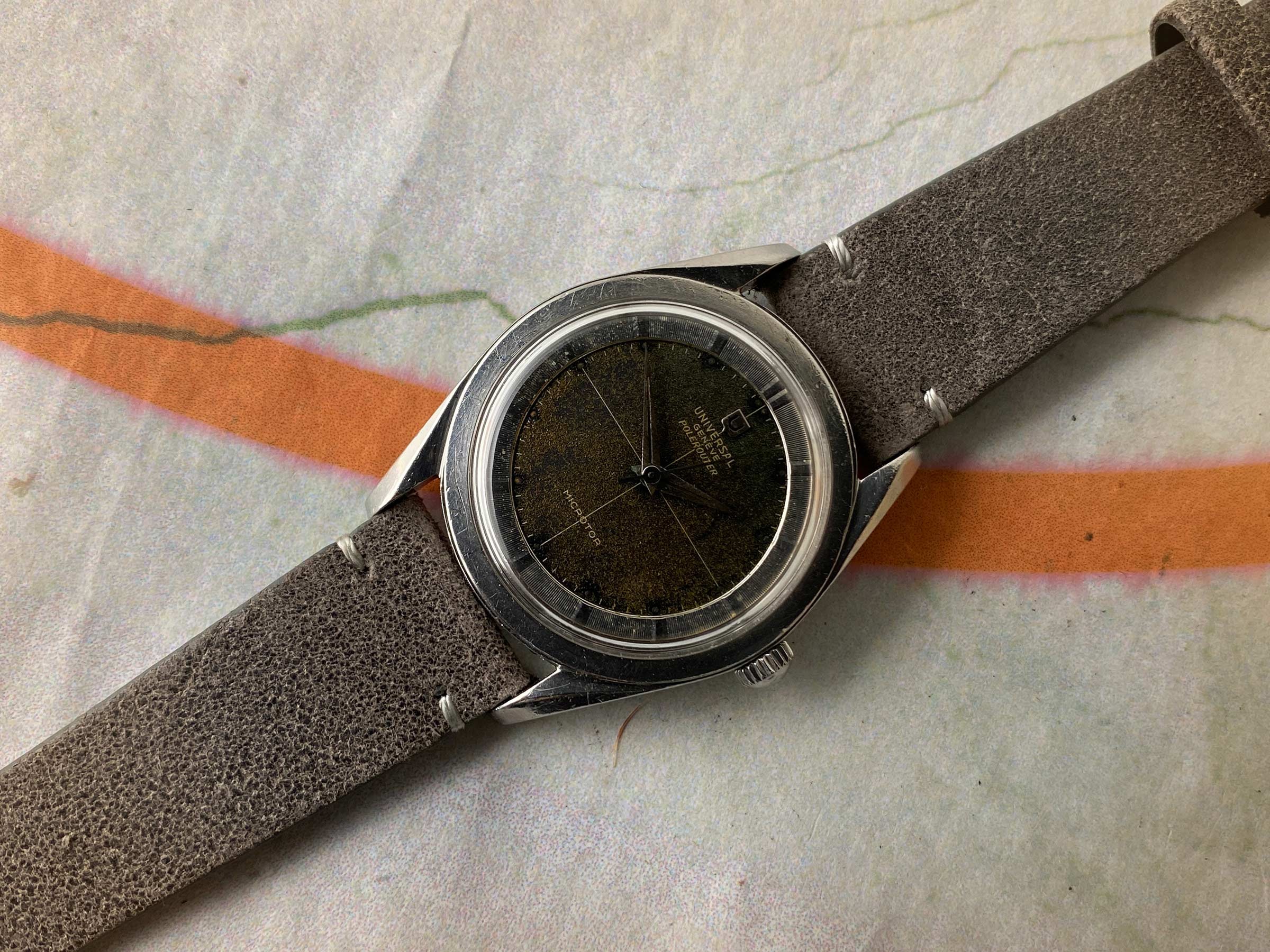 UNIVERSAL GENEVE POLEROUTER 1957 Ref. 20360-1 Reloj suizo vintage automático 28 JEWELS Cal. 215 MICROTOR *** TROPICALIZADO ***