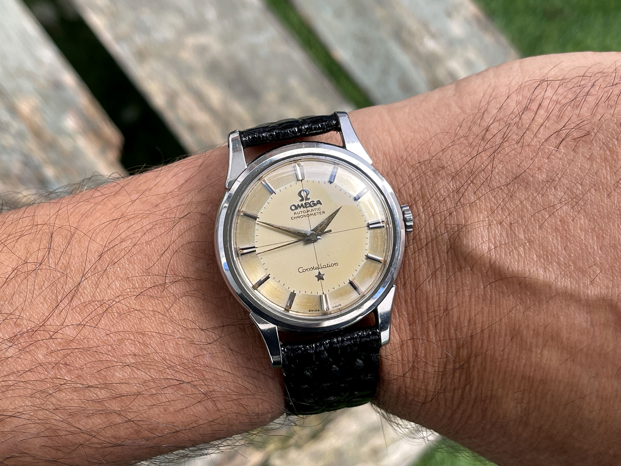 OMEGA CONSTELLATION "PIE PAN" 1960 - Reloj vintage suizo automático CHRONOMETER Cal. 551 Ref. 14381-8 *** EXCEPCIONAL ESFERA TROPICAL ***